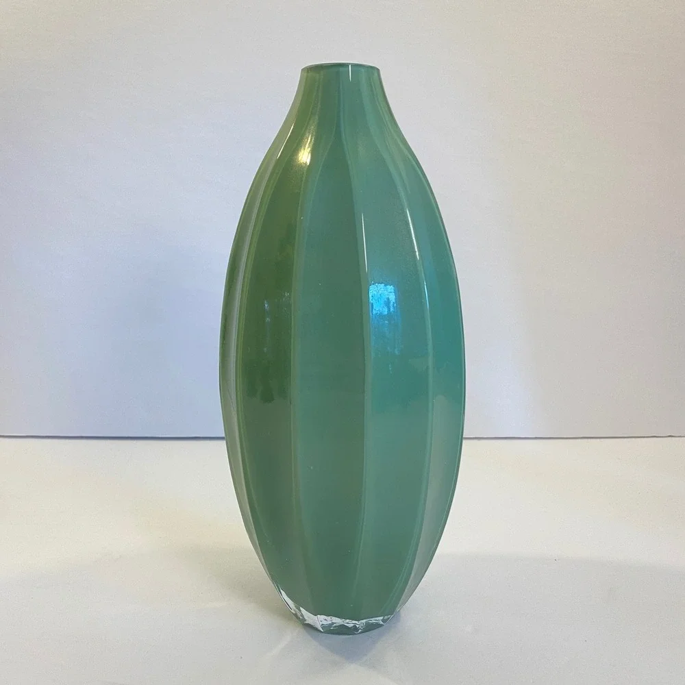 Vintage Jade Green Fluted Art Glass Bud Vase Organic Modern Deco Inspired 9.25